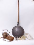 Georgian bed pan with wooden handle, kettle trivet, silver plated dish and salts,