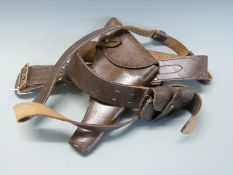 British Army Webley brown leather pistol holster 34cm long and communication pouch both mounted on