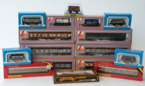 Sixteen Lima, Airfix, Hornby, Mainline and Graham Farish 00 gauge coaches and wagons,