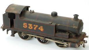Bassett-Lowke 0 gauge electric 0-6-0 tank locomotive 5374 in black and red livery.