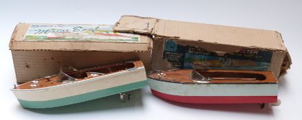 Two battery operated wooden speedboats NBK and GW,