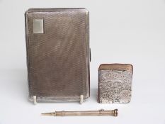 A hallmarked silver cigarette case with engine turned decoration, weight 194g,