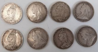 Eight Victorian crowns, various years, 1890 onwards,