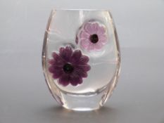 Daum Coppelia clear glass vase with applied pink and purple pate de verre flowers, 19cm tall.