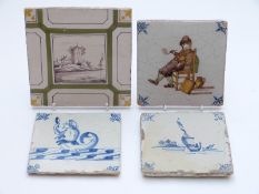 Four 18thC tiles including a man smoking,