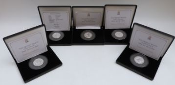 Jubilee Mint 'The Queens Beasts' two ounce fine silver coins, five in all,