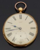 J F Jacot Locle 18ct gold open faced pocket watch with black Roman numerals,