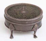 George V hallmarked silver picquet work dressing table pot raised on four feet,