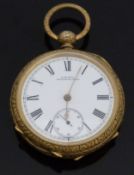 Waltham gold plated open faced pocket watch with subsidiary seconds dial, gold hands,