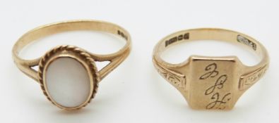 A 9ct gold signet ring and another set with mother of pearl
