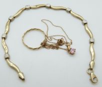 A 9ct gold bracelet, a 9ct gold necklace and a yellow metal ring, 4.