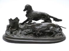 After P J Mene bronze figure of pointer and setter dogs and duck,