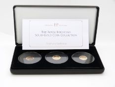 Jubilee Mint Royal Birthdays 9ct gold collection comprising three 1g coins,