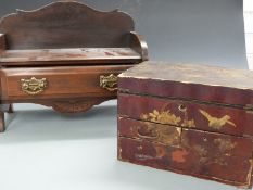 Quantity of treen including Japanese lacquer box, inlaid book trough, coopered bucket,