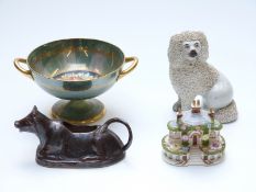 Minton twin-handled pedestal lustre bowl decorated with fruit, Staffordshire seated poodle,