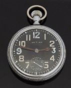 Waltham military issue open faced keyless winding pocket watch with black face, Arabic numerals,