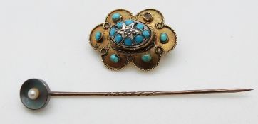 Victorian 15ct gold brooch set with turquoise and a diamond and a 15ct gold stick pin set with a