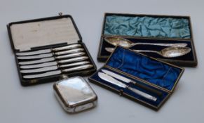 Cased cutlery including hallmarked silver handled knives,