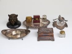 Quantity of inkwells, standishes including 19thC novelty example,