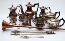 Plated tea ware and a copper hunting horn