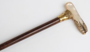 Victorian mother-of-pearl and yellow metal mounted walking cane