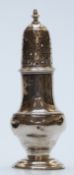 Georgian hallmarked silver pepper or caster with turned knop, London 1766 maker's mark indistinct,