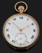 Buren 9ct gold open faced keyless winding pocket watch with Roman numerals, stepped face,