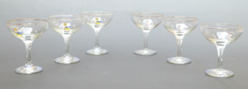 Six Babycham glasses, three c1950,