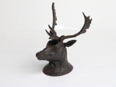 19thC/early 20thC cast iron stag's head inkwell