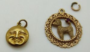 A 10k gold pendant in the form of a poodle and a 9ct gold moon face pendant, 3.