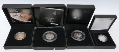 Royal Mint four cased piedfort coins comprising 2008 UK Olympics handover two pound coin,