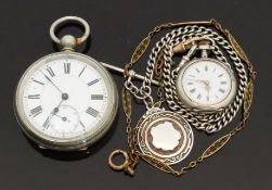 Three various pocket watches comprising a keyless winding ladies fob watch with brass and copper