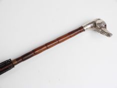 Victorian/Edwardian parasol, the handle a hallmarked silver greyhound dog with inset glass eyes,