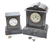 Two 19thC slate mantel clocks, one in architectural case with marbled decoration,