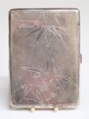 White metal cigarette case with bamboo decoration, marked sterling, height 11cm,