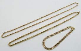 A 9ct gold bracelet and two 9ct gold rope twist necklaces, 10.