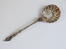 Victorian hallmarked silver apostle sifter spoon, London 1895, maker William Hutton & Sons,