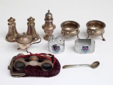 A quantity of hallmarked silver salts, peppers etc including a pair of Victorian open salts,