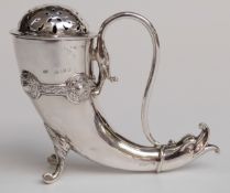 George V novelty hallmarked silver sugar sifter of cornucopia or horn form with bird's beak to