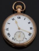 Buren gold plated open faced keyless winding pocket watch with Roman numerals,