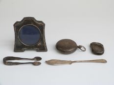 Small hallmarked silver photograph frame, height 8cm, hallmarked pocket watch case,