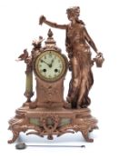 French 19thC ornate style figural mantel clock featuring a lady holding a basket,