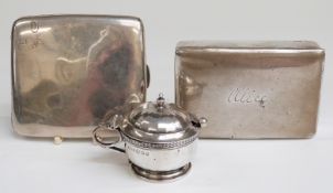 Hallmarked silver cigarette case, hallmarked silver mustard and mustard spoon,