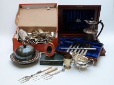 Large collection of plated cutlery including brass inlaid mahogany part filled canteen of