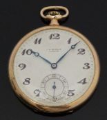 J W Benson of London 9ct gold open faced keyless winding slim cased pocket watch with Arabic