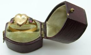 Victorian yellow metal ring in the form of a heart set with paste, in original box,