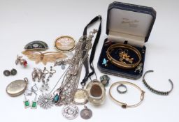 Victorian white metal locket, silver/ white metal pendants, silver bangle and ring,