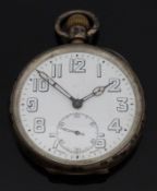 Zenith open faced keyless winding silver pocket watch with inset subsidiary seconds dial,