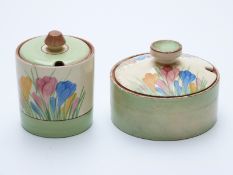 Two Clarice Cliff Spring Crocus preserve pots, tallest 9.