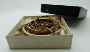 A yellow metal stick pin in the form of a fox's head and crop, Victorian lockets,